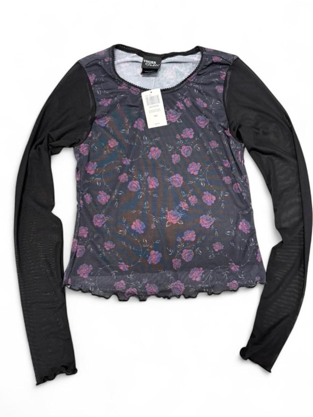 Hot Topic Black Mesh Floral Long Sleeve Top with Purple Roses